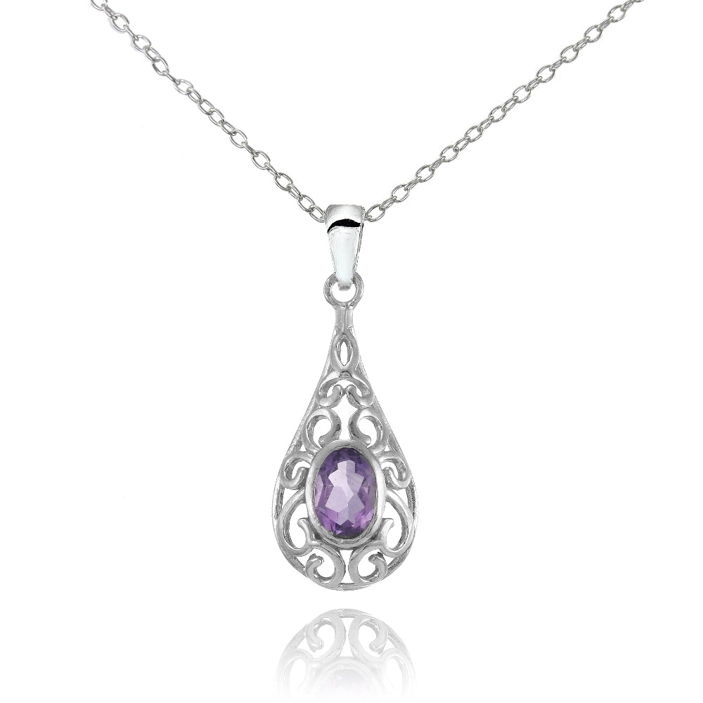 Sterling Silver Amethyst Oval Filigree Teardop Necklace