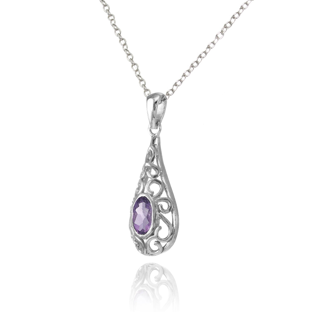 Sterling Silver Amethyst Oval Filigree Teardop Necklace-2