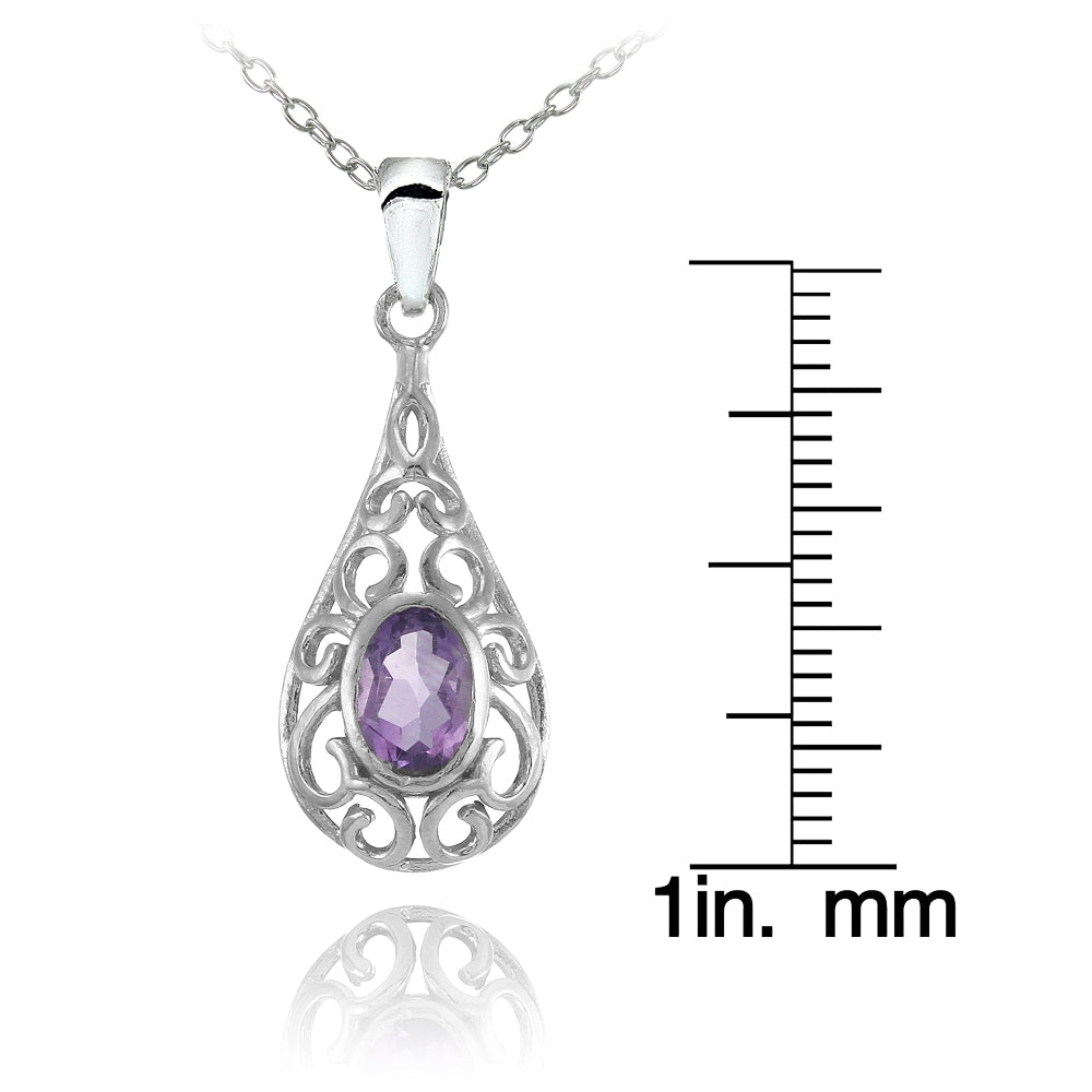 Sterling Silver Amethyst Oval Filigree Teardop Necklace-3