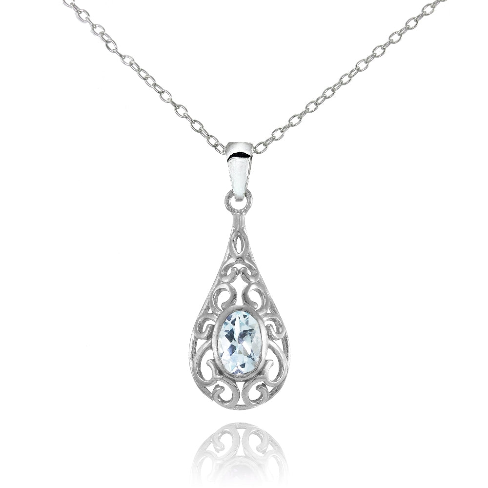 Sterling Silver Blue Topaz Oval Filigree Teardop Necklace