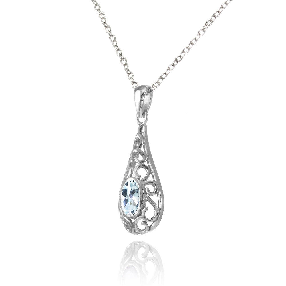 Sterling Silver Blue Topaz Oval Filigree Teardop Necklace-2