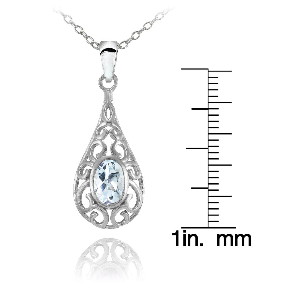 Sterling Silver Blue Topaz Oval Filigree Teardop Necklace-3