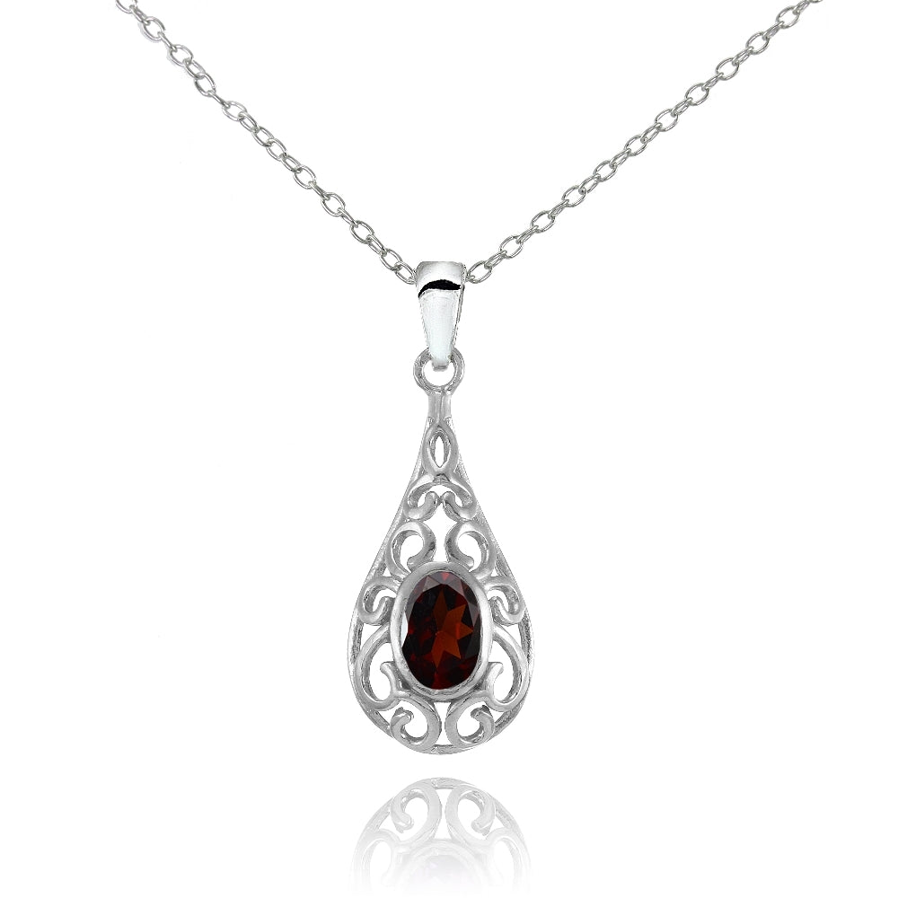 Sterling Silver Garnet Oval Filigree Teardop Necklace