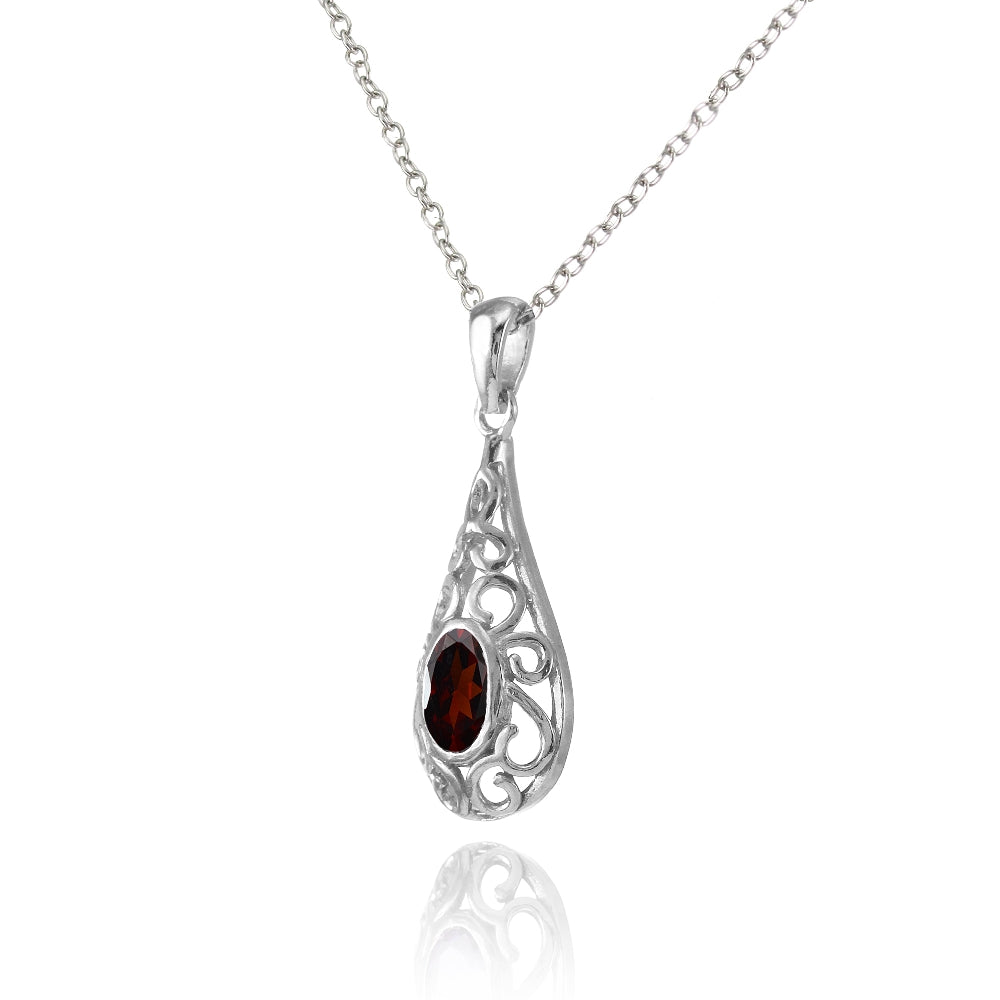 Sterling Silver Garnet Oval Filigree Teardop Necklace-2