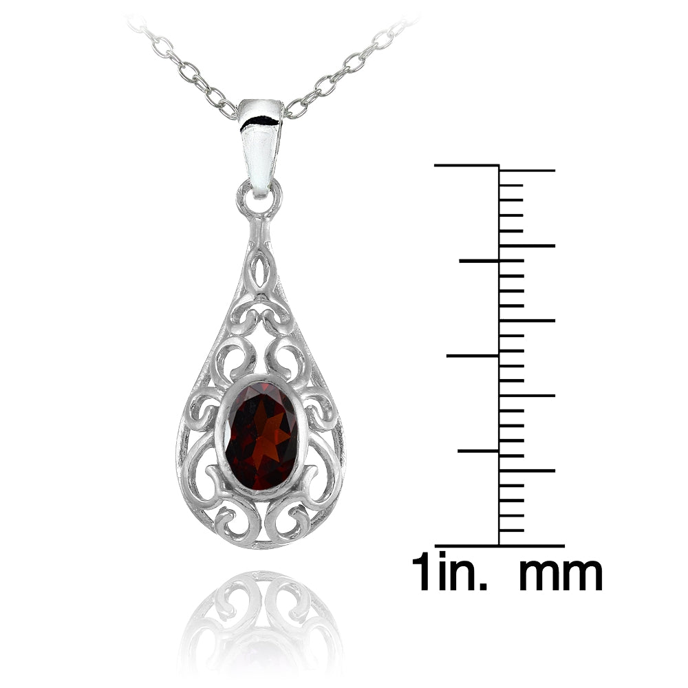 Sterling Silver Garnet Oval Filigree Teardop Necklace-3