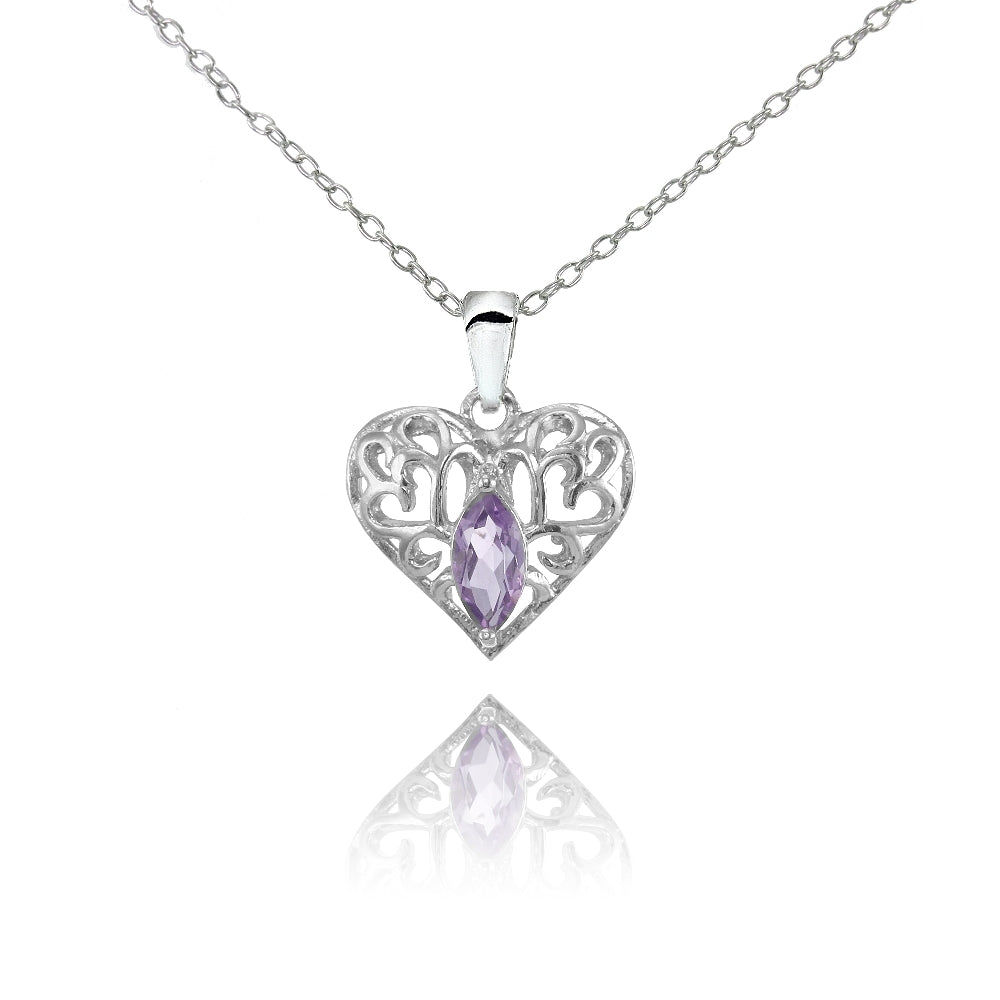 Sterling Silver Amethyst Marquise Filigree Heart Necklace