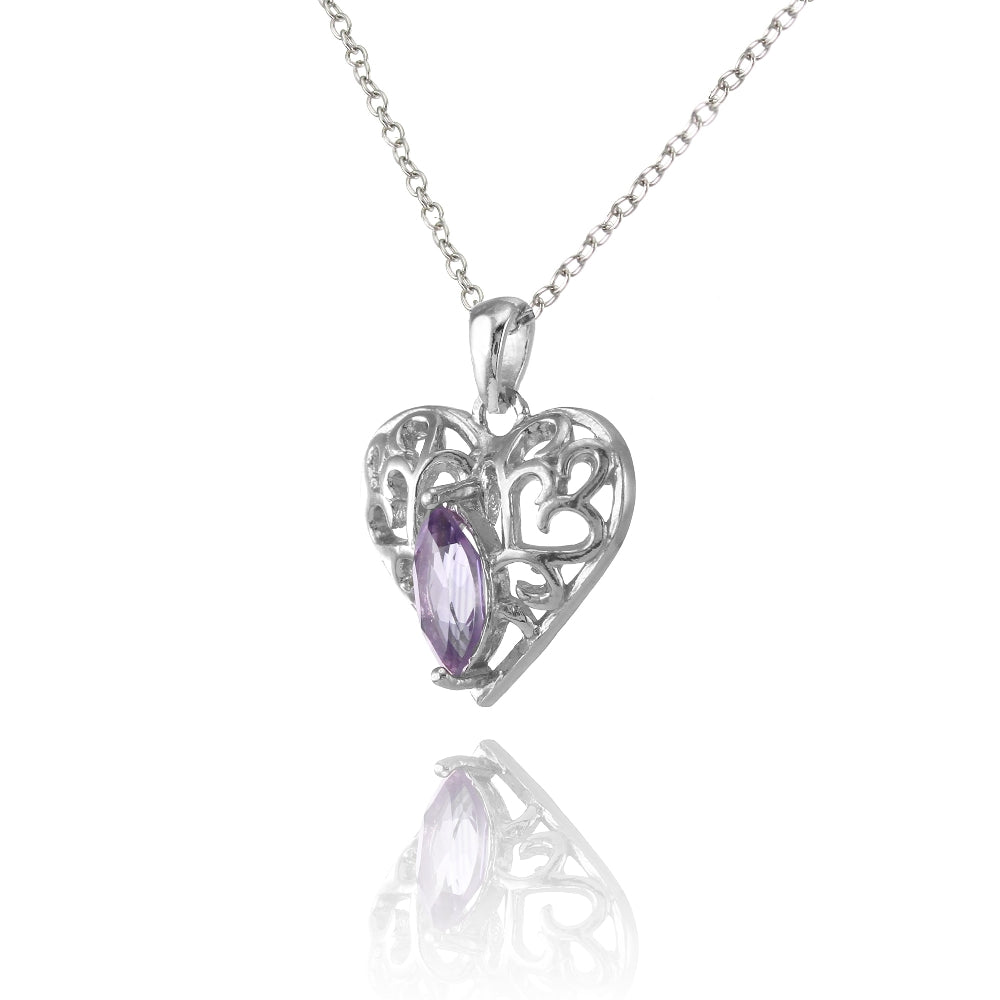 Sterling Silver Amethyst Marquise Filigree Heart Necklace-2