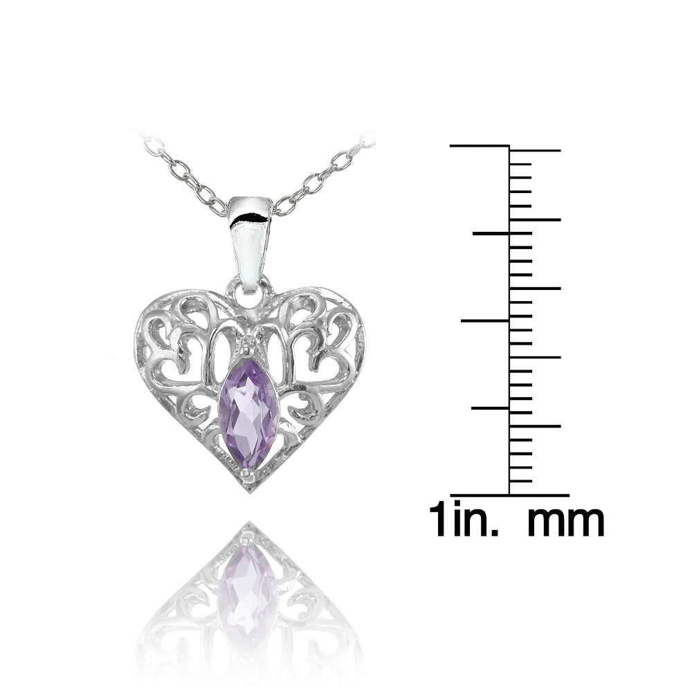 Sterling Silver Amethyst Marquise Filigree Heart Necklace-3