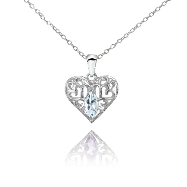 Sterling Silver Blue Topaz Marquise Filigree Heart Necklace