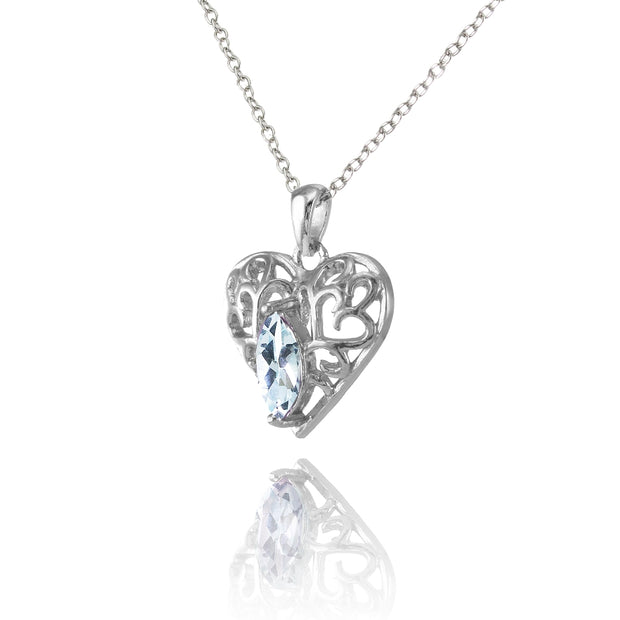 Sterling Silver Blue Topaz Marquise Filigree Heart Necklace