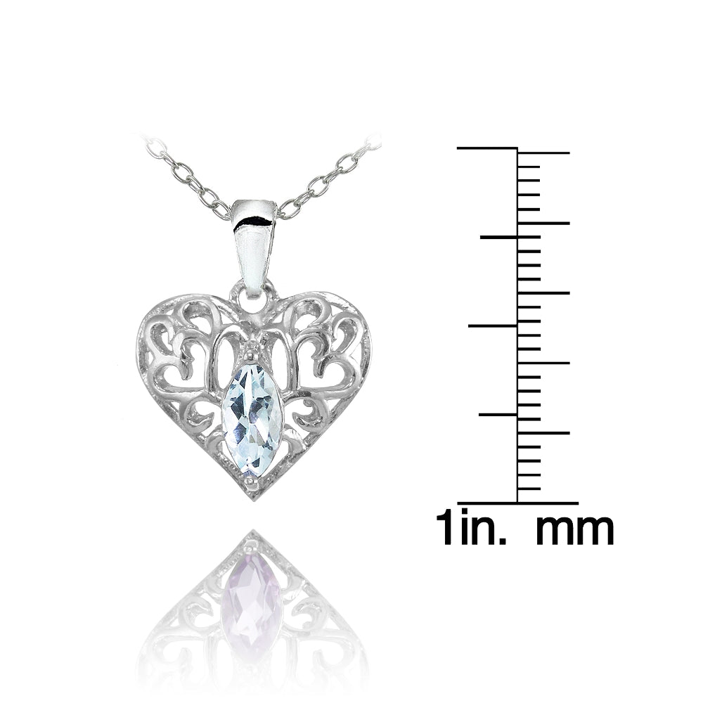 Sterling Silver Blue Topaz Marquise Filigree Heart Necklace-3