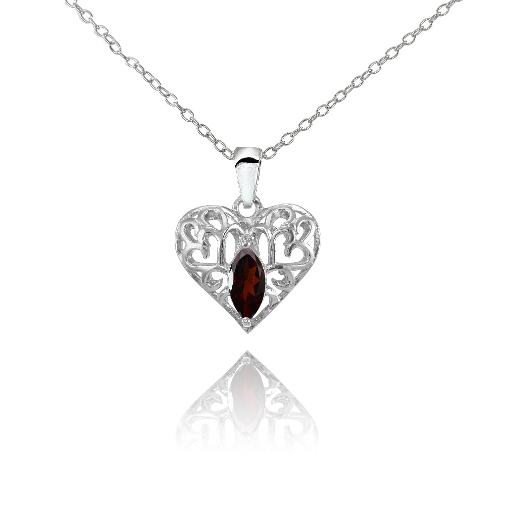 Sterling Silver Garnet Marquise Filigree Heart Necklace