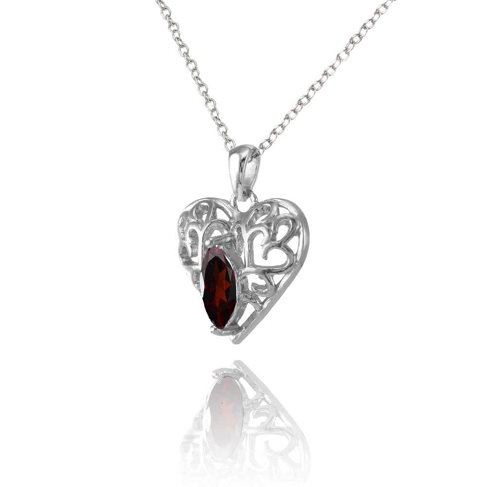 Sterling Silver Garnet Marquise Filigree Heart Necklace-2