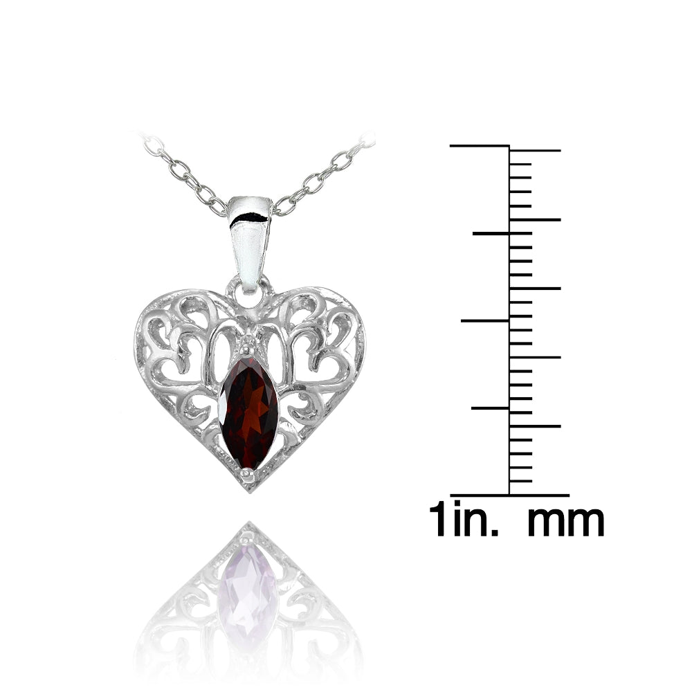 Sterling Silver Garnet Marquise Filigree Heart Necklace-3