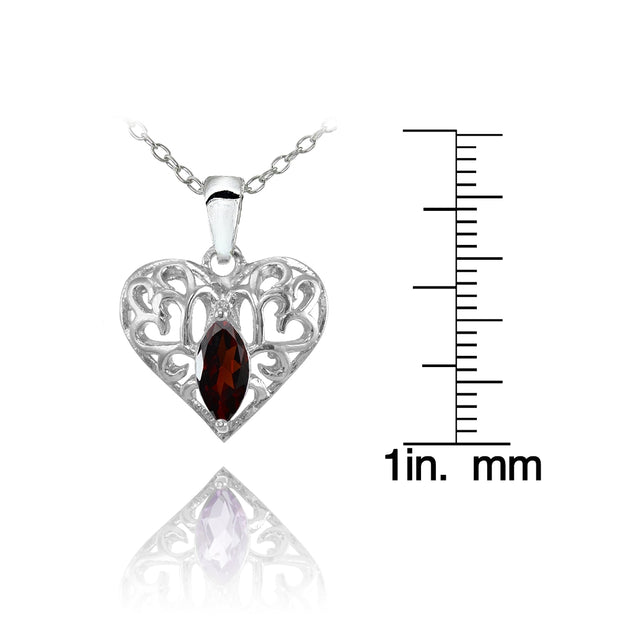 Sterling Silver Garnet Marquise Filigree Heart Necklace