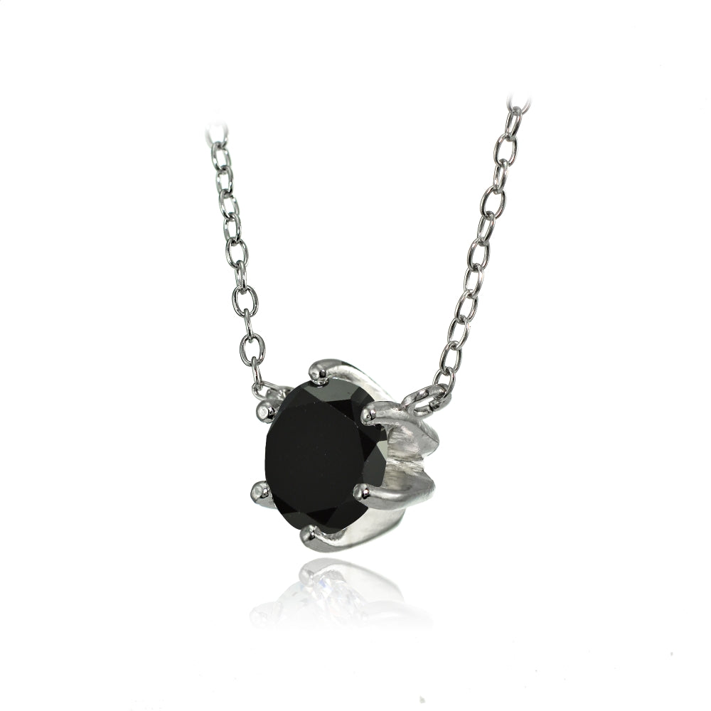 Sterling Silver 7mm Round Black Cubic Zirconia 6-Prong Solitaire Necklace-2