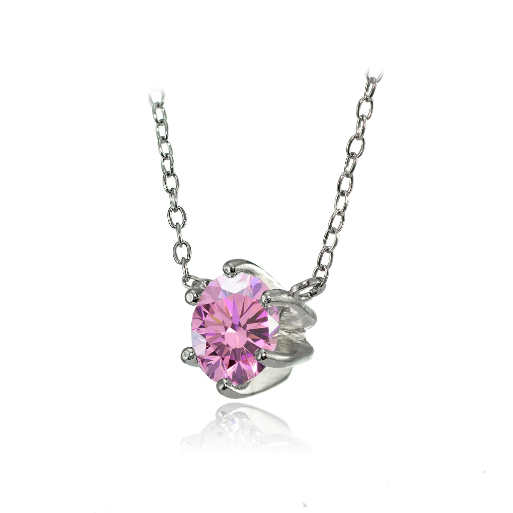 Sterling Silver 7mm Round Light Pink Cubic Zirconia 6-Prong Solitaire Necklace-2