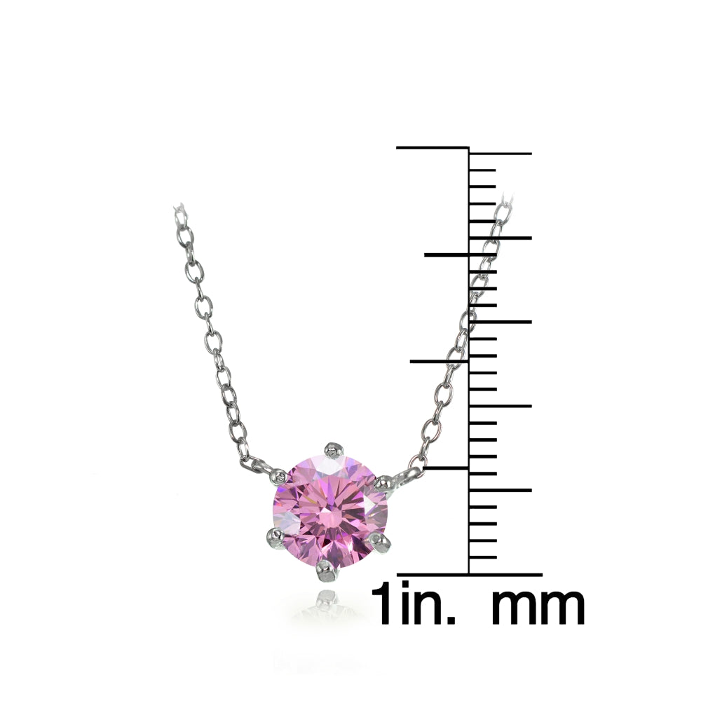 Sterling Silver 7mm Round Light Pink Cubic Zirconia 6-Prong Solitaire Necklace-3