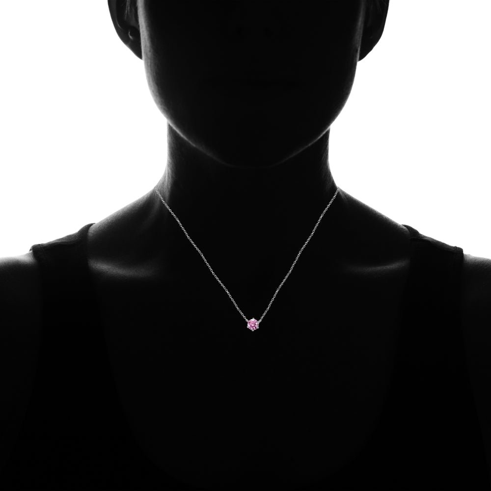 Sterling Silver 7mm Round Light Pink Cubic Zirconia 6-Prong Solitaire Necklace-4