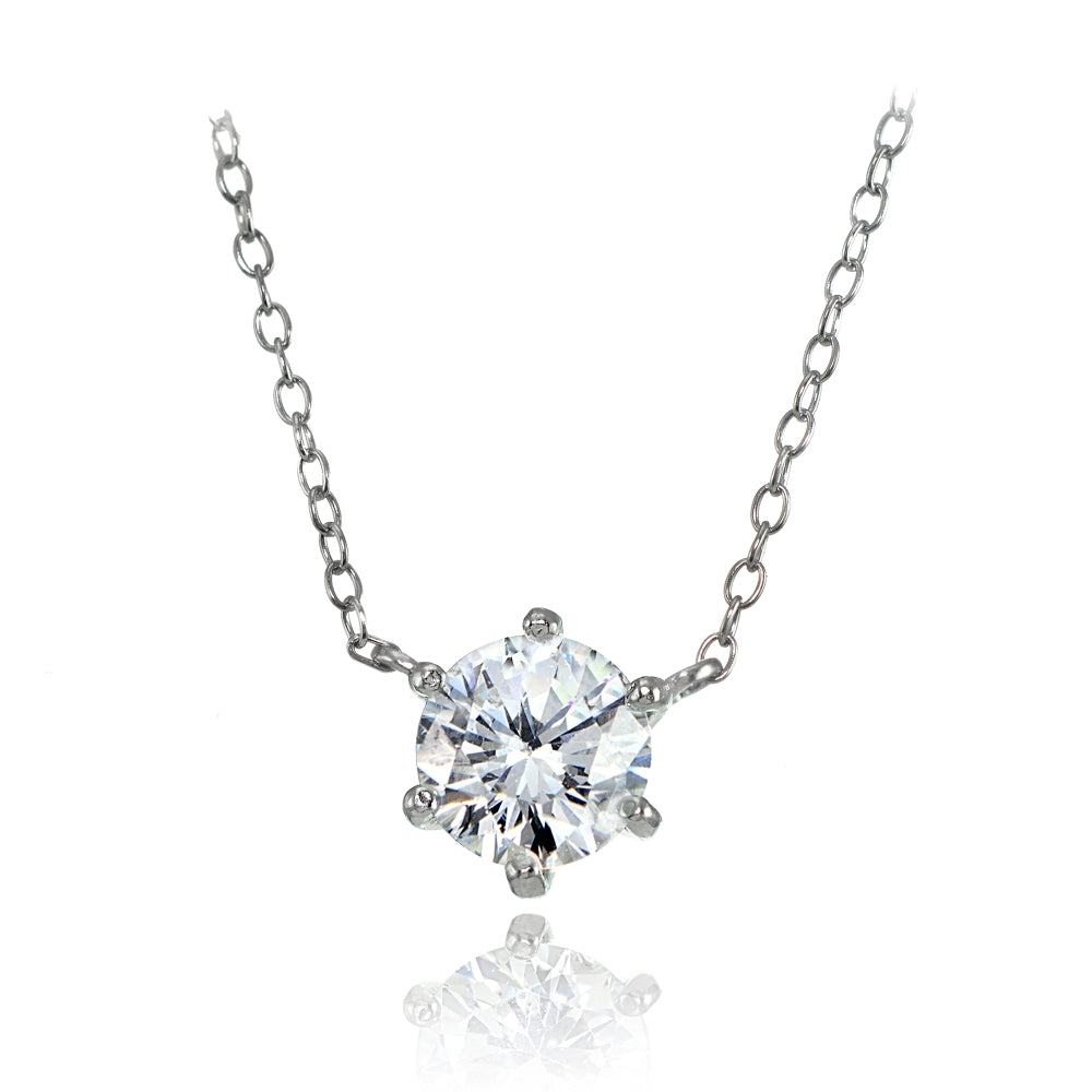 Sterling Silver 7mm Round Cubic Zirconia 6-Prong Solitaire Necklace