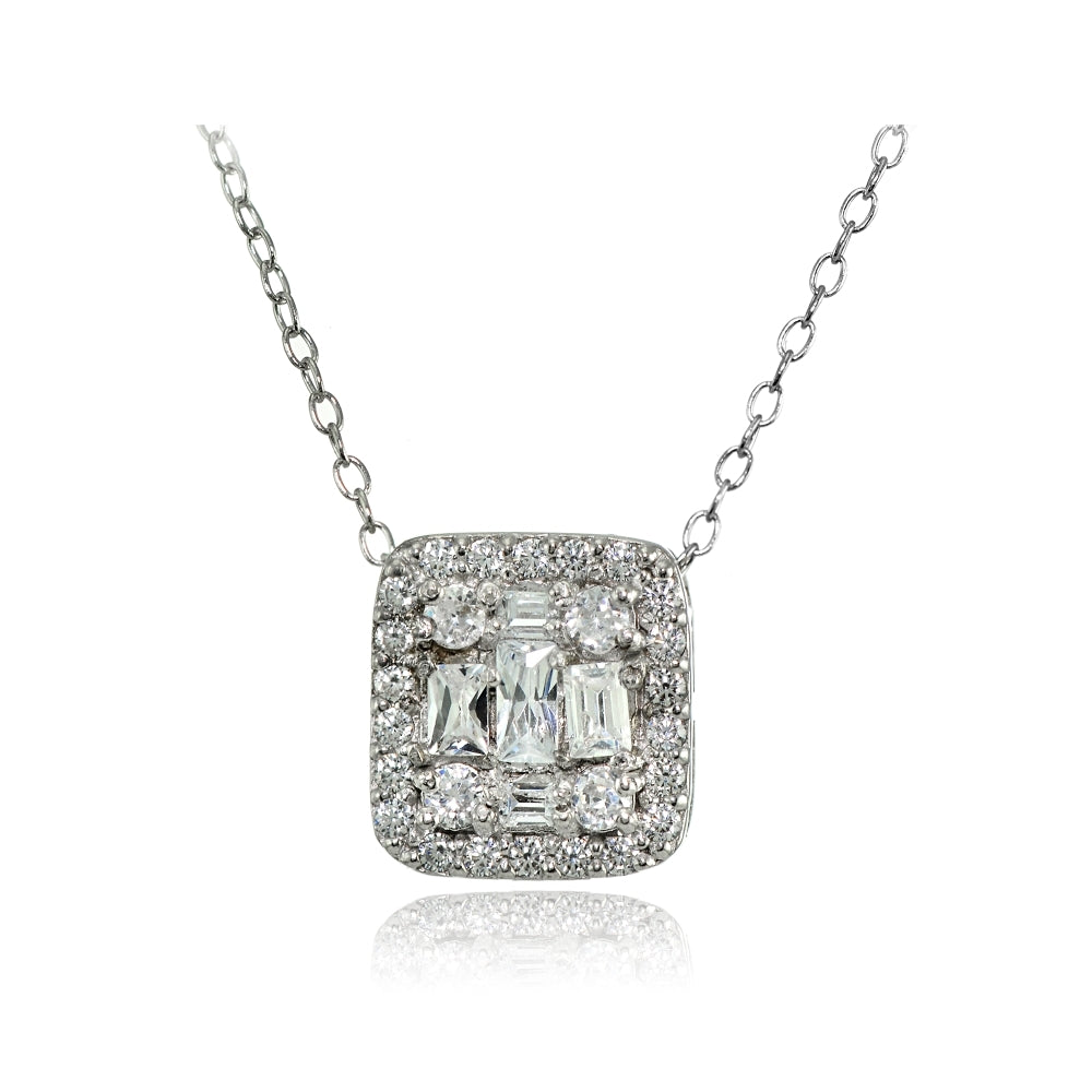 Sterling Silver Cubic Zirconia Baguette and Round Cut Square Necklace