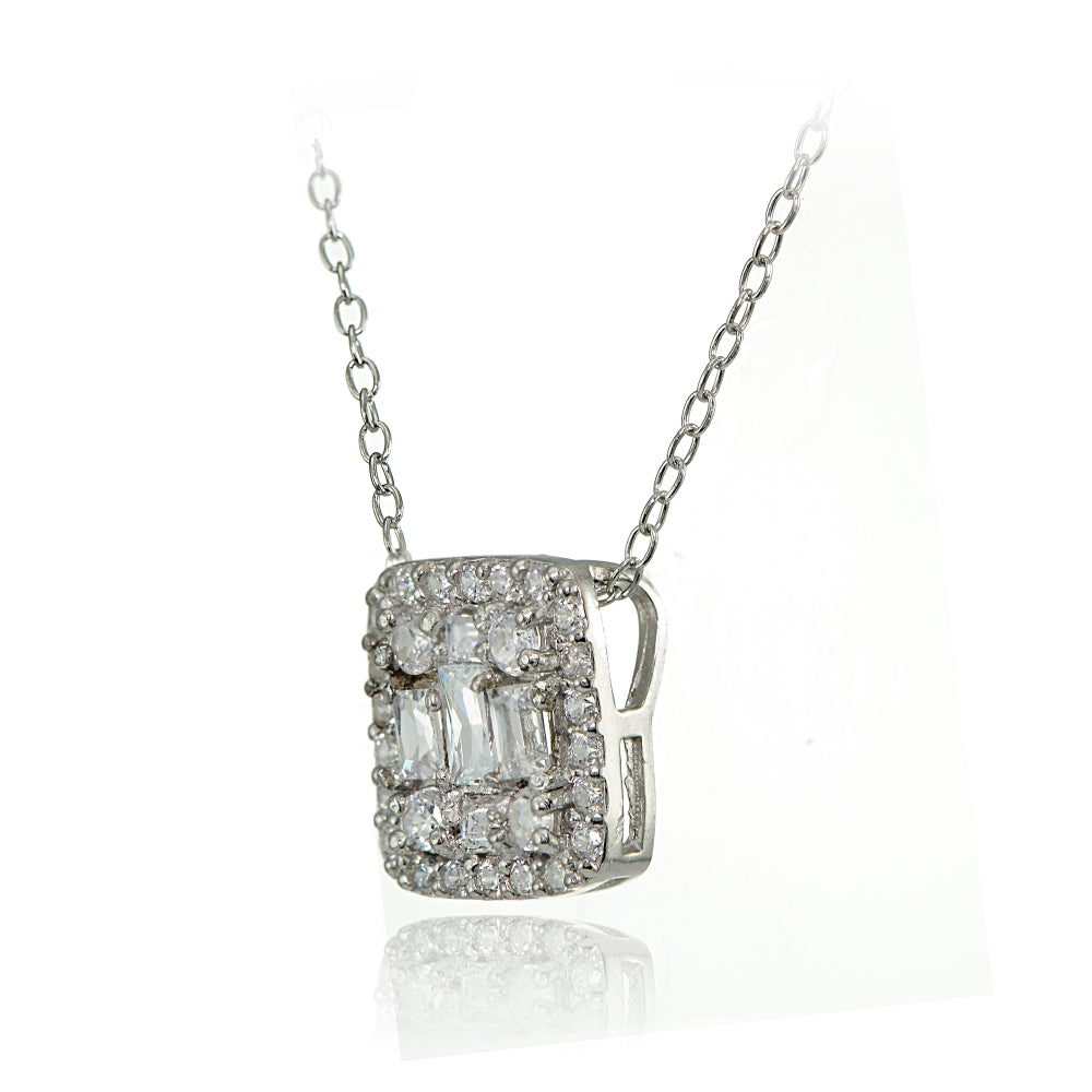 Sterling Silver Cubic Zirconia Baguette and Round Cut Square Necklace-2