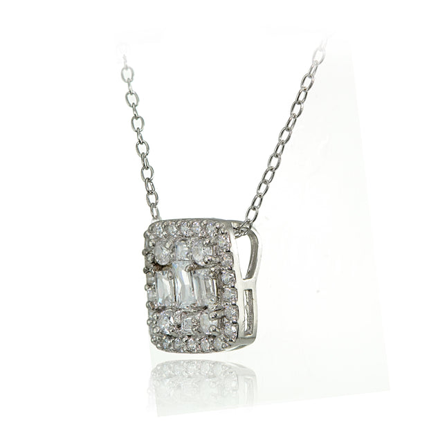 Sterling Silver Cubic Zirconia Baguette and Round Cut Square Necklace