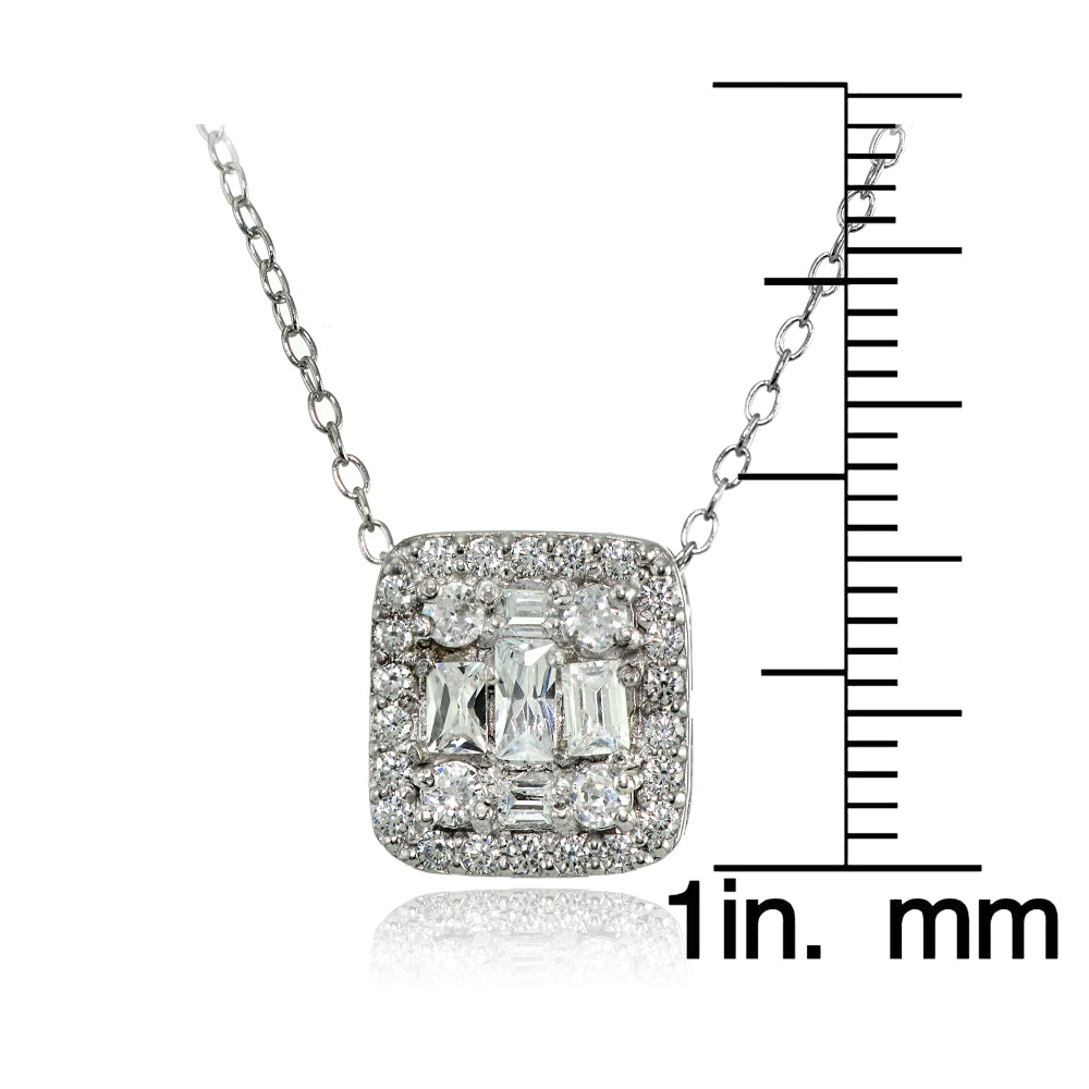 Sterling Silver Cubic Zirconia Baguette and Round Cut Square Necklace-3
