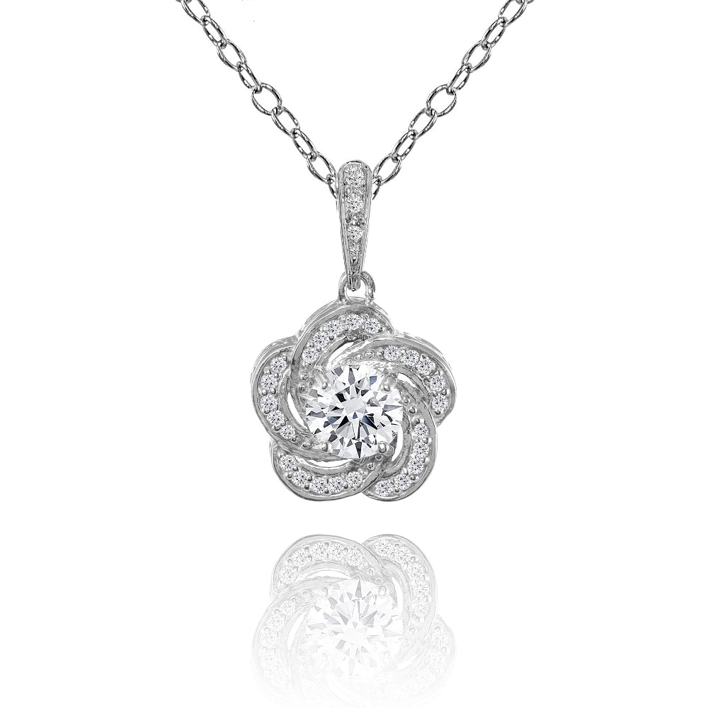 Sterling Silver Cubic Zirconia Flower Swirl Necklace