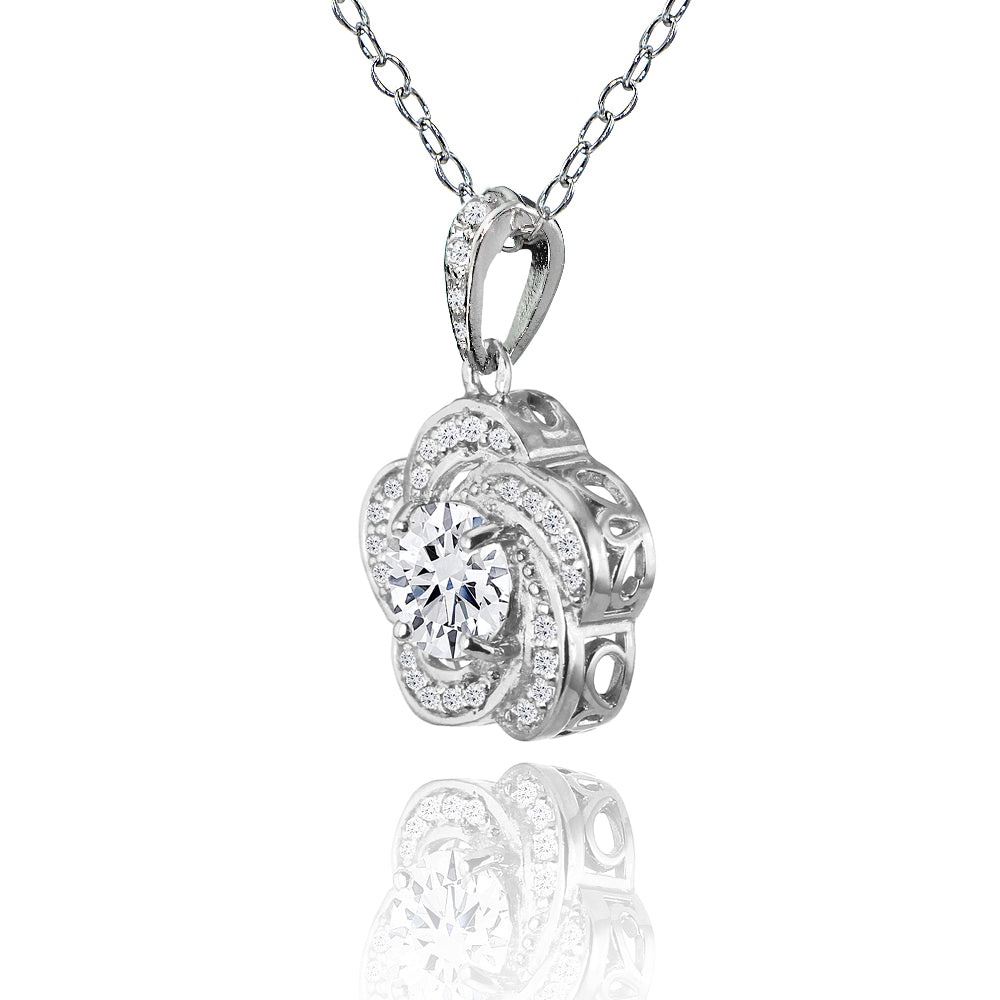 Sterling Silver Cubic Zirconia Flower Swirl Necklace-2
