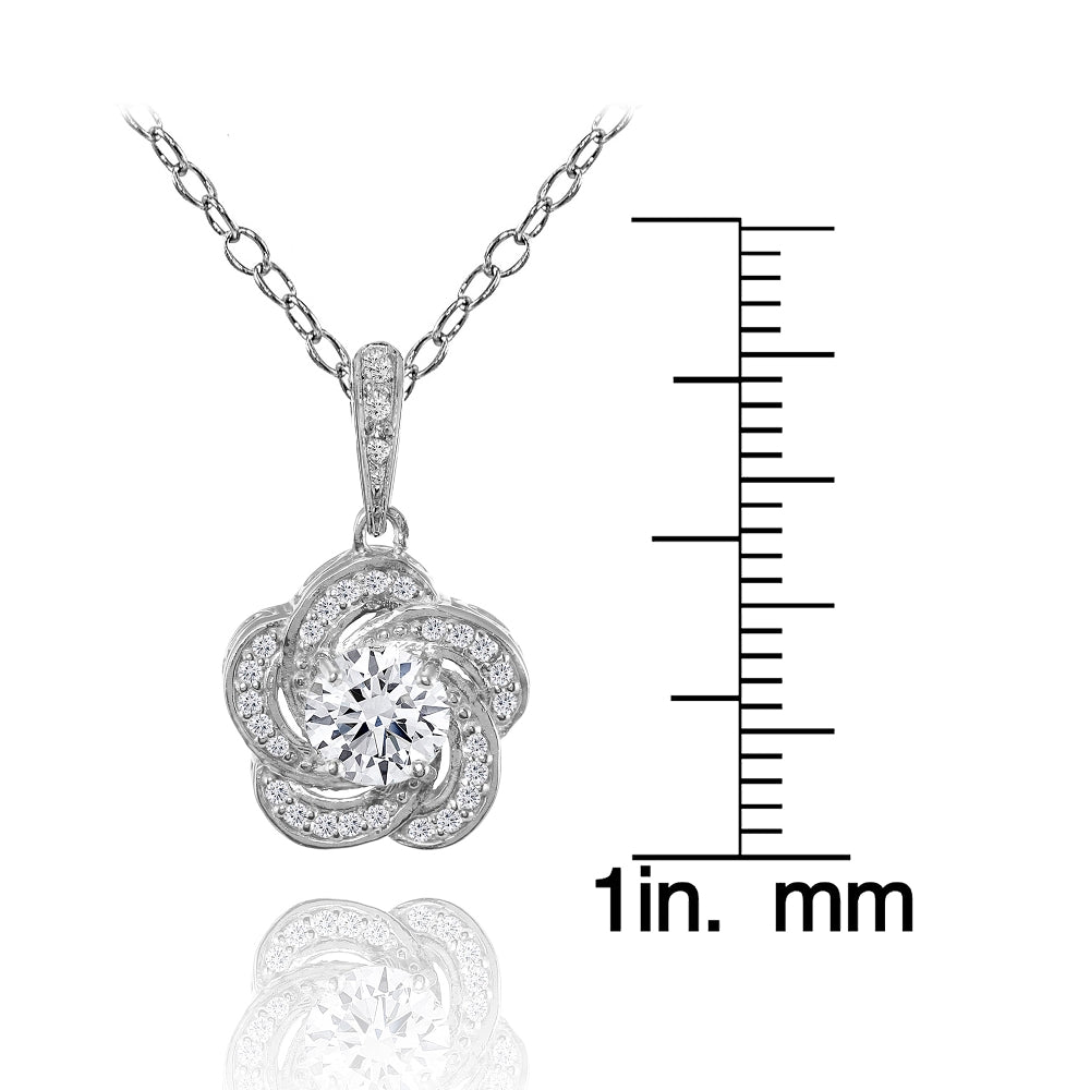 Sterling Silver Cubic Zirconia Flower Swirl Necklace-3