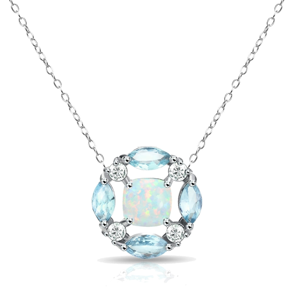 Sterling Silver Created Opal and Blue Topaz Necklace with White Topaz Accents