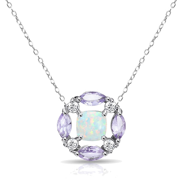 Sterling Silver Created Opal and Amethyst Necklace with White Topaz Accents