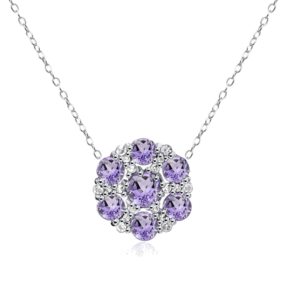 Sterling Silver Amethyst and White Topaz Flower Round Pendant Necklace
