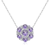 Sterling Silver Amethyst and White Topaz Flower Round Pendant Necklace