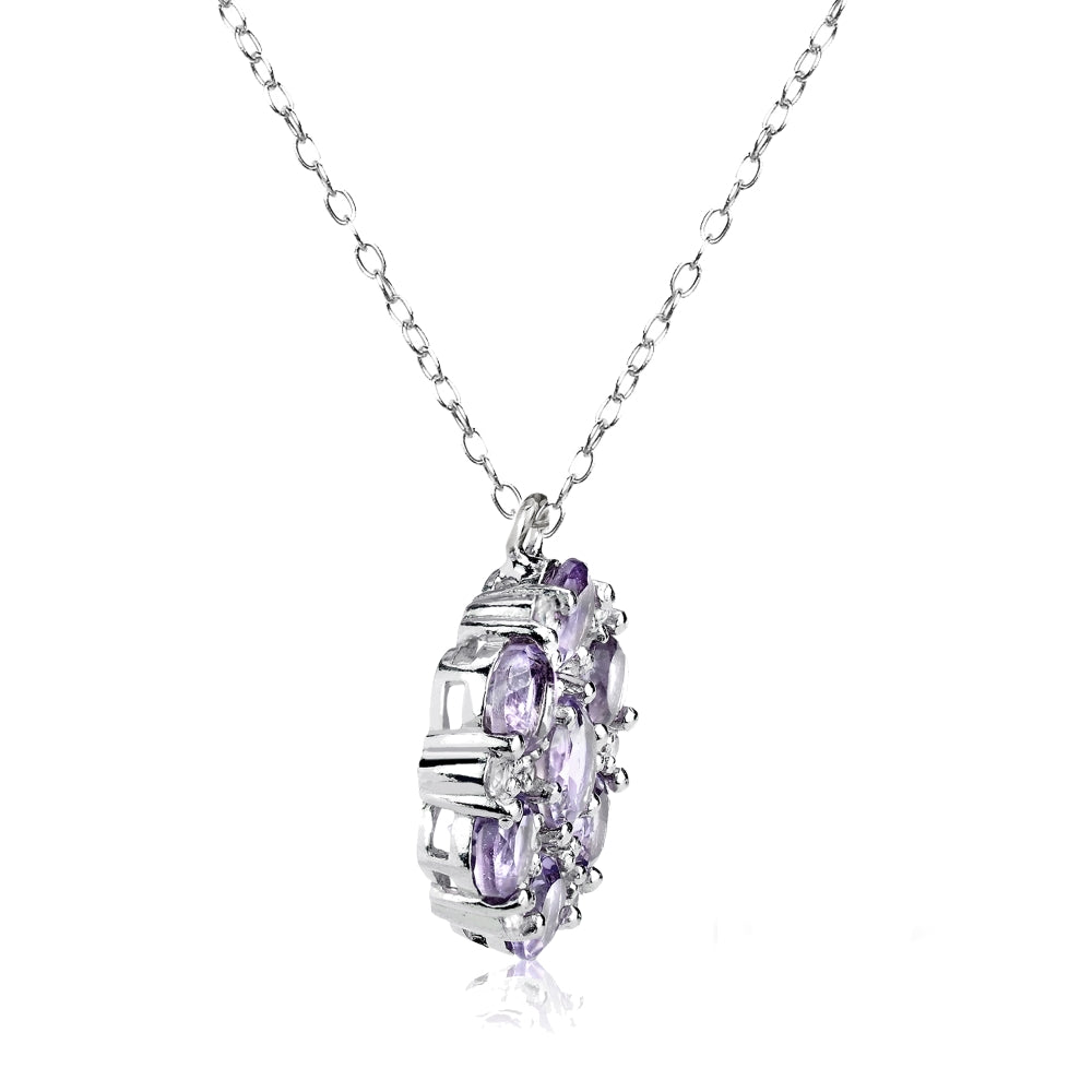 Sterling Silver Amethyst and White Topaz Flower Round Pendant Necklace-3