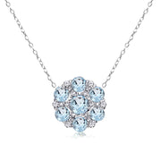 Sterling Silver Blue Topaz and White Topaz Flower Round Pendant Necklace