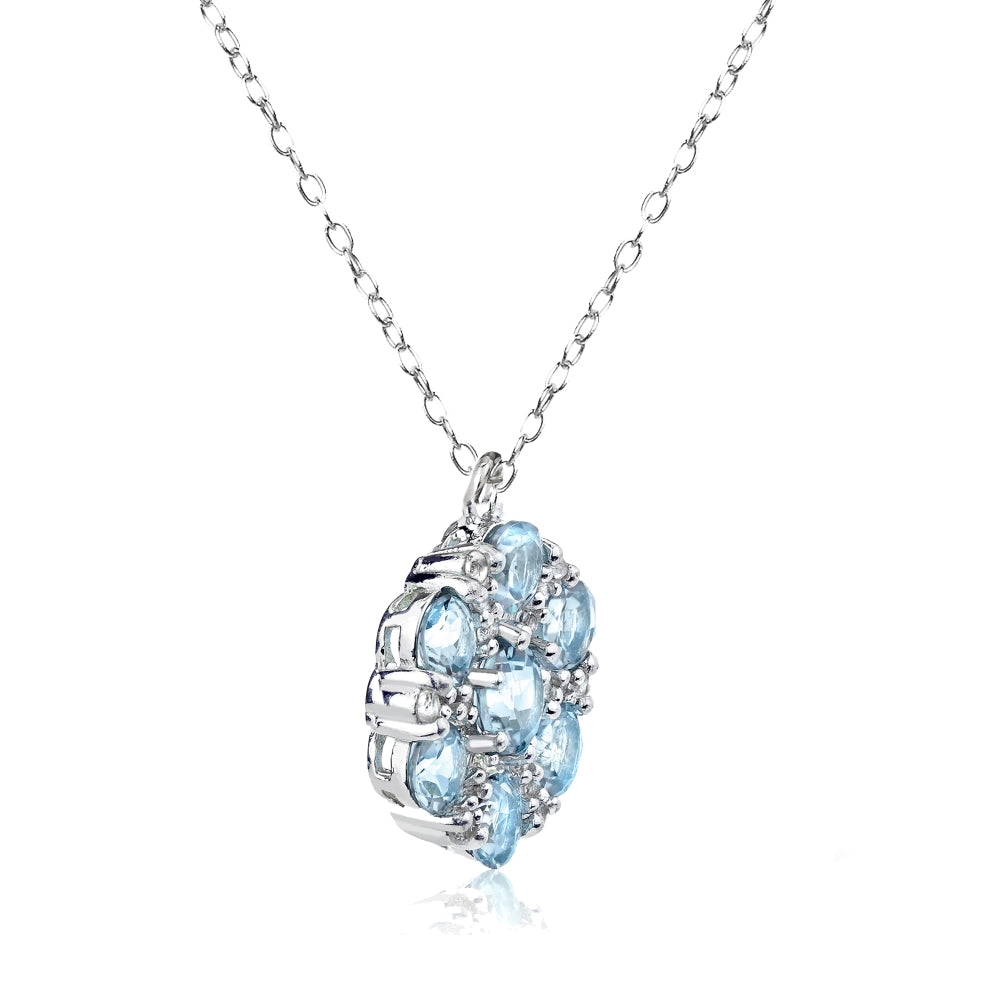 Sterling Silver Blue Topaz and White Topaz Flower Round Pendant Necklace-3