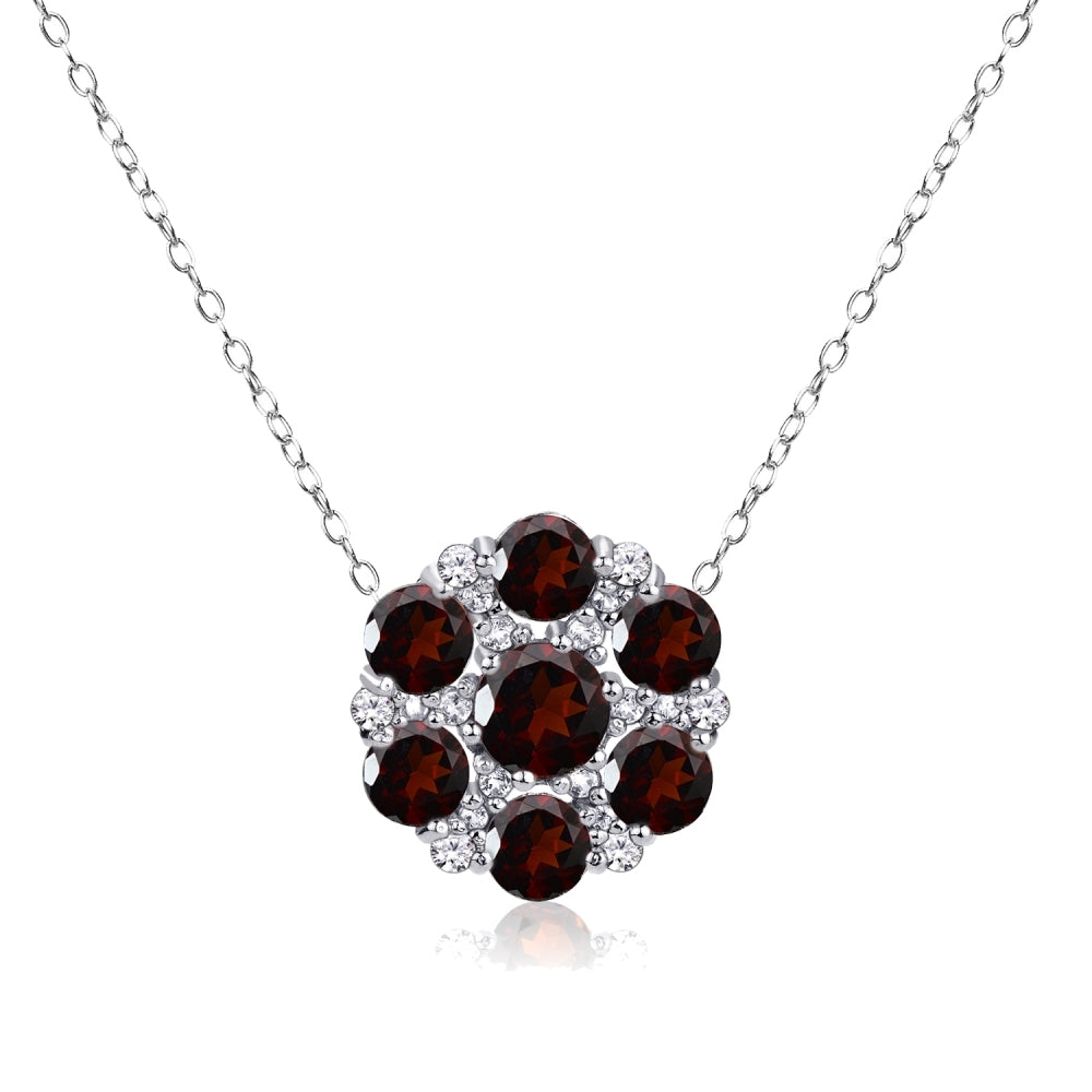 Sterling Silver Garnet and White Topaz Flower Round Pendant Necklace