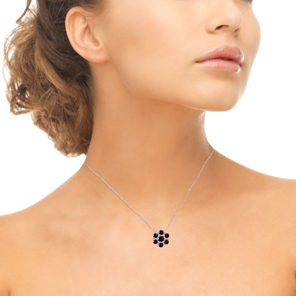 Sterling Silver Garnet and White Topaz Flower Round Pendant Necklace-2
