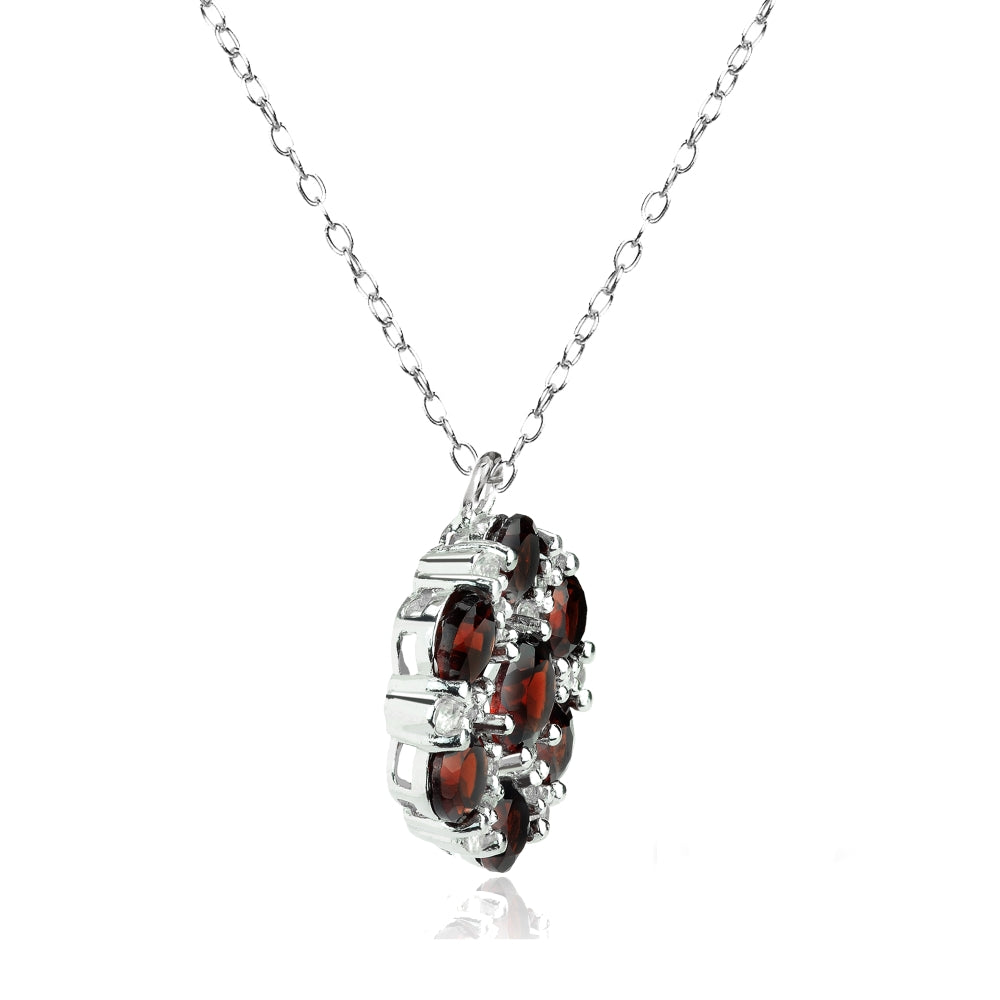Sterling Silver Garnet and White Topaz Flower Round Pendant Necklace-3