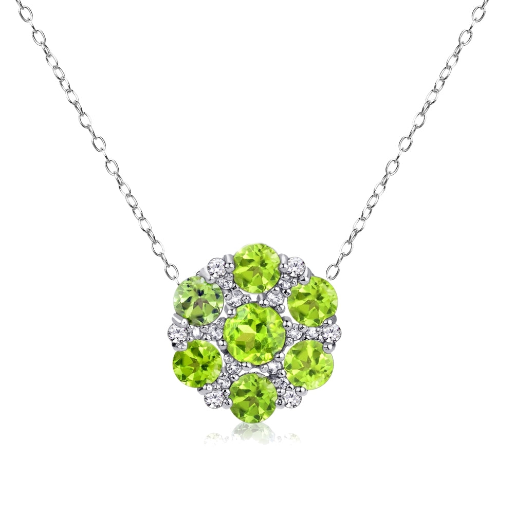 Sterling Silver Peridot and White Topaz Round Flower Pendant Necklace