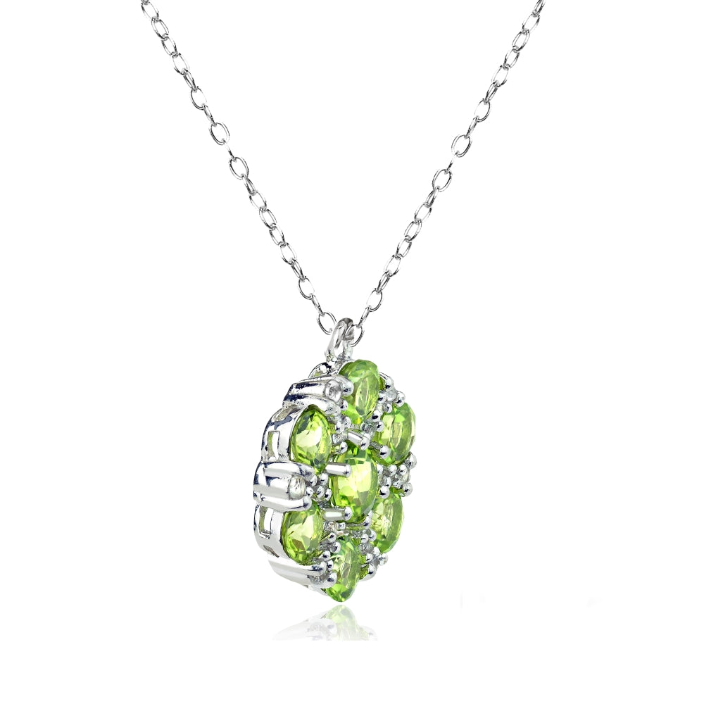 Sterling Silver Peridot and White Topaz Round Flower Pendant Necklace-3