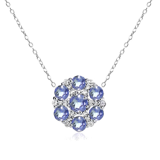 Sterling Silver Tanzanite and White Topaz Flower Round Pendant Necklace