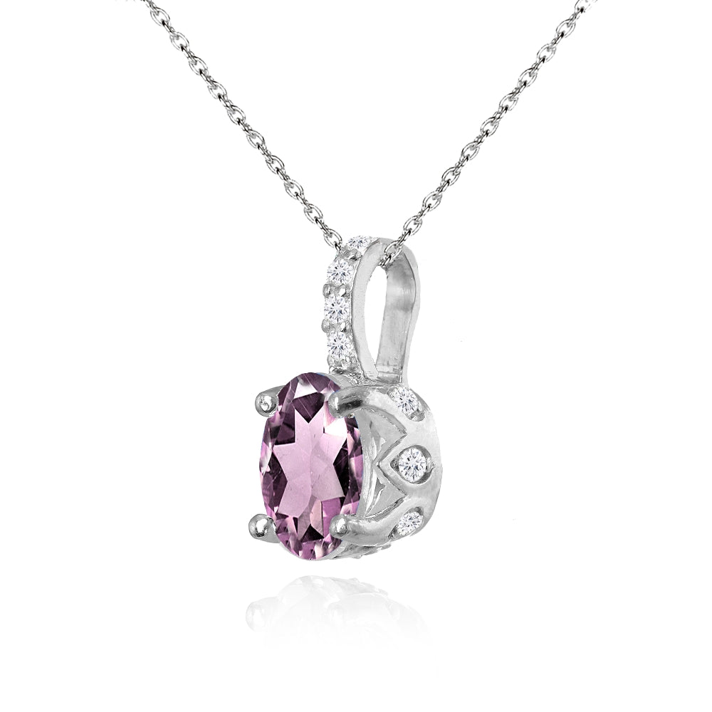 Sterling Silver Created Alexandrite and White Topaz Oval Crown Necklace-2