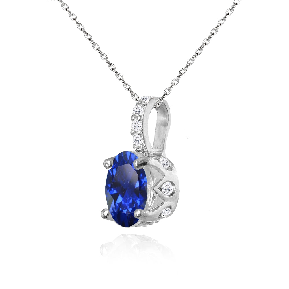 Sterling Silver Created Blue Sapphire and White Topaz Oval Crown Necklace-2
