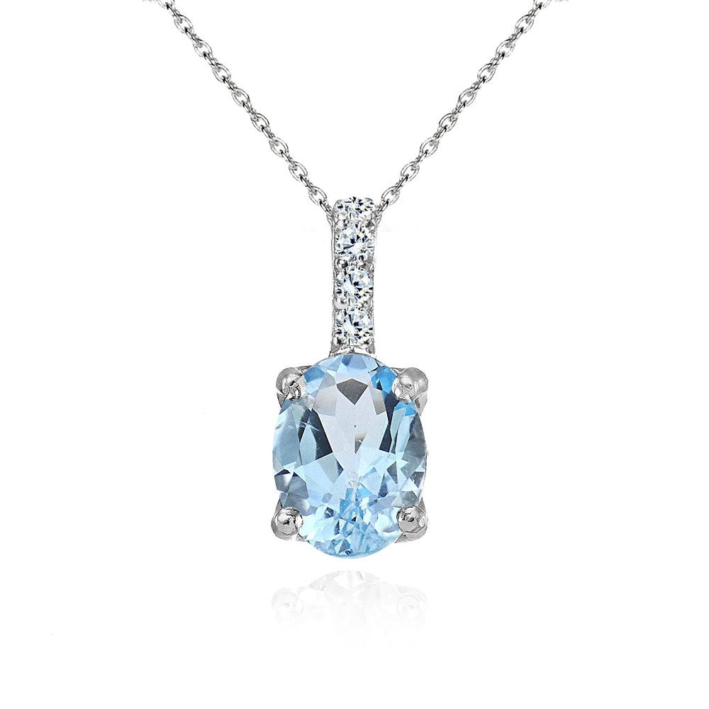 Sterling Silver Blue Topaz and White Topaz Oval Crown Necklace