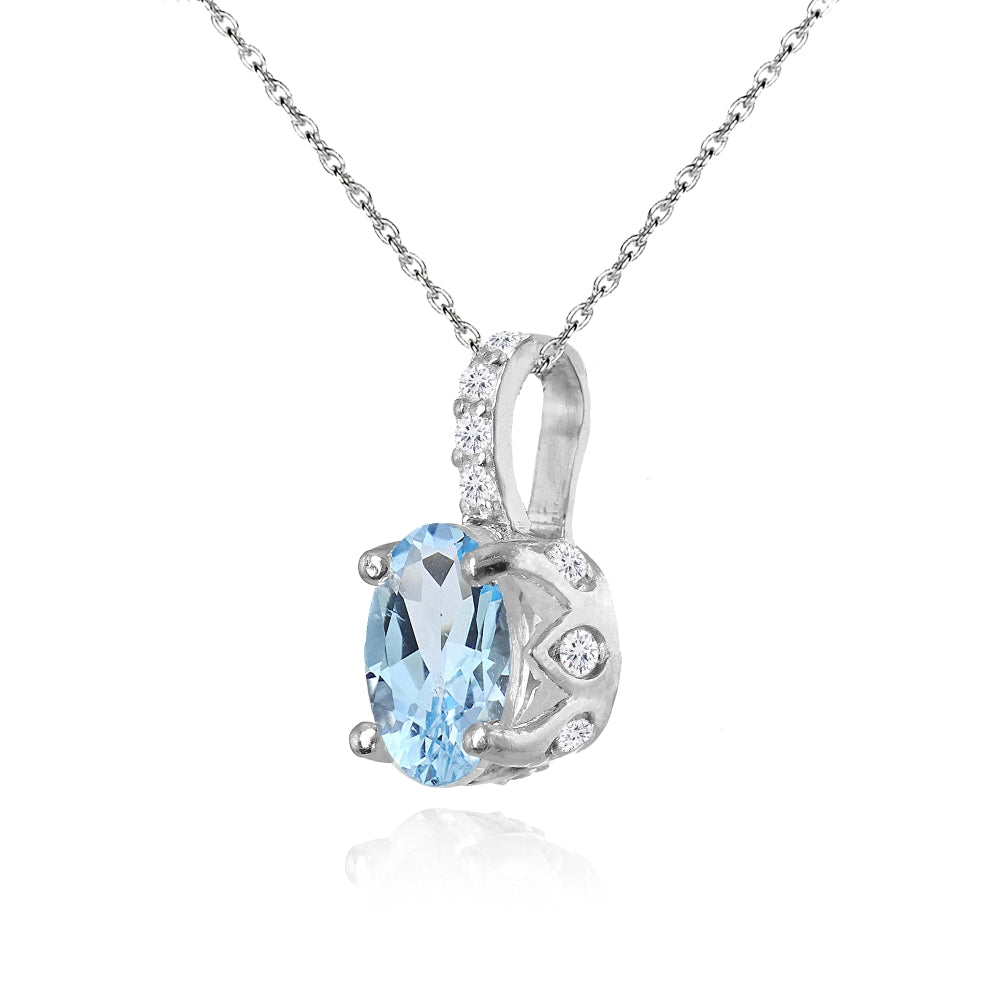 Sterling Silver Blue Topaz and White Topaz Oval Crown Necklace-2