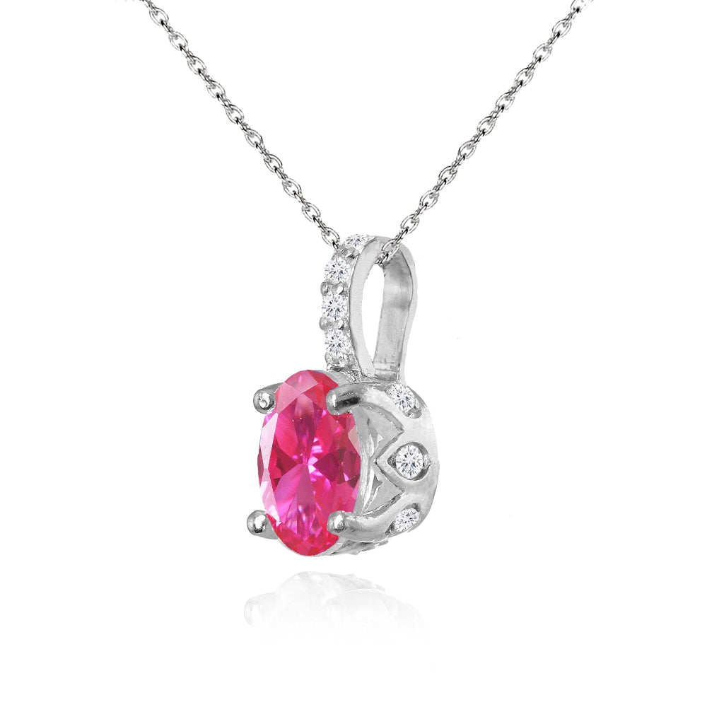 Sterling Silver Created Pink Sapphire and White Topaz Oval Crown Necklace-2