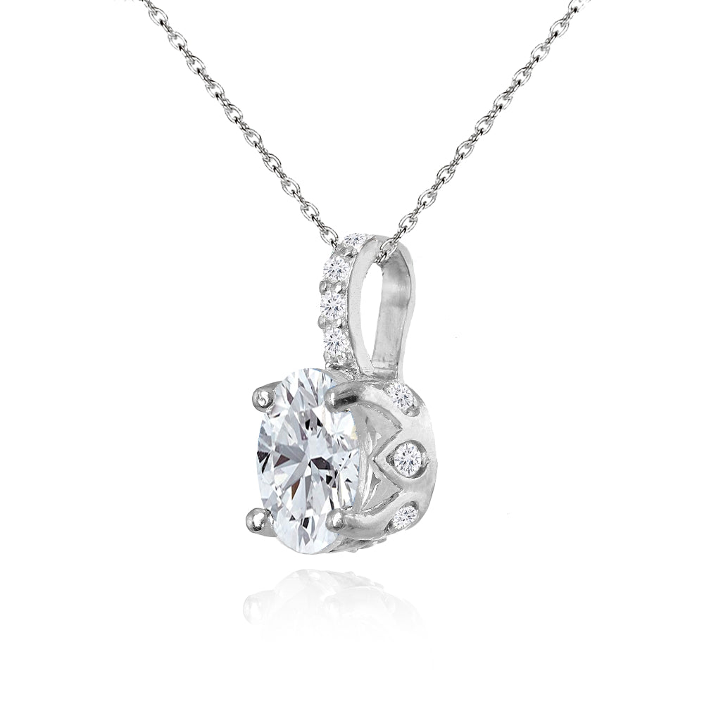 Sterling Silver Created White Sapphire Oval Crown Necklace-2